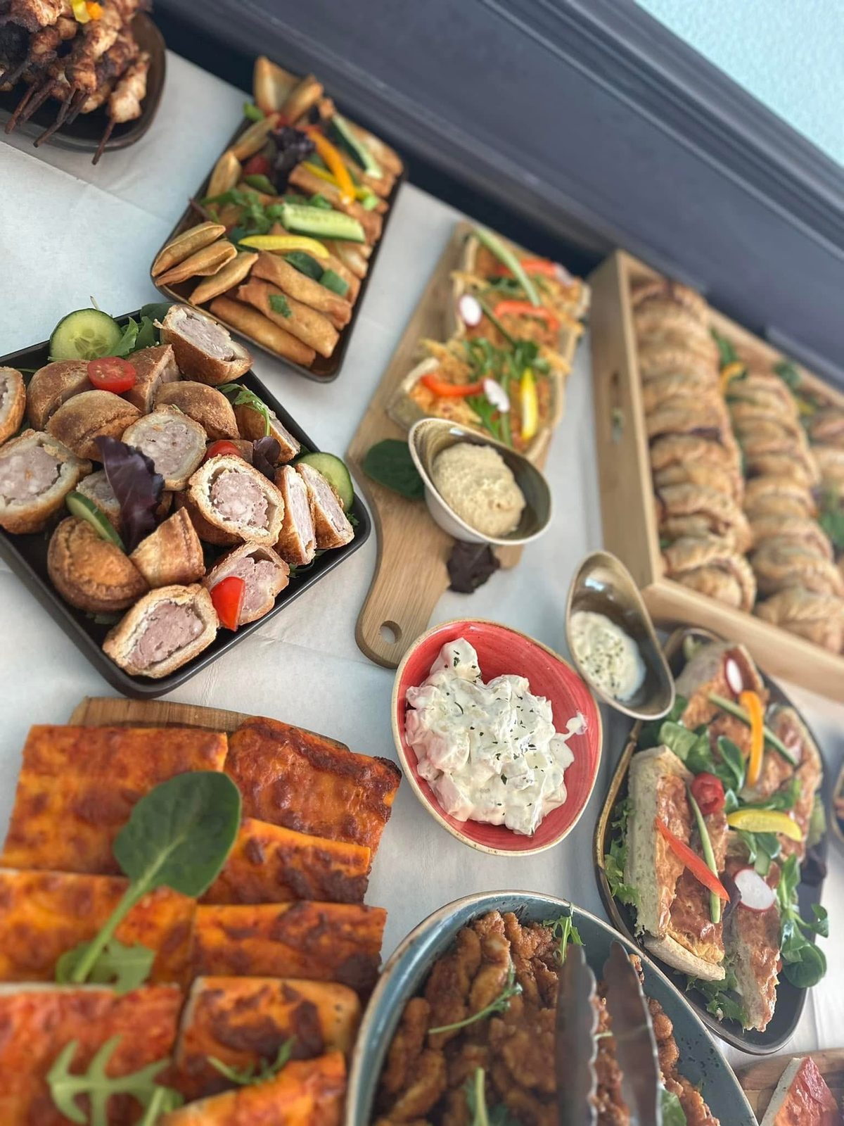 Buffet food spread for an event at The Falstaff Inn