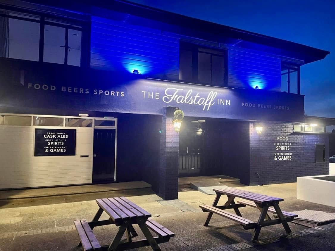 Exterior of The Falstaff Inn in Plymouth at night